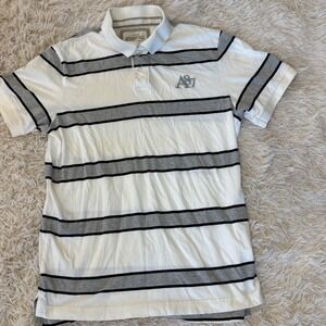Aeropostale Men's Large LG Gray Black White Stripe Short Sleeve Polo Shirt
